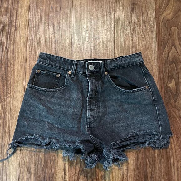 Zara Jean Shorts Black Distressed Denim Cuttoff Button Fly Cotton Women's Size 6 - Picture 1 of 7
